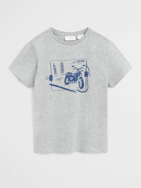 

Mango Kids Boys Grey Melange & Navy Blue Printed Round Neck T-shirt
