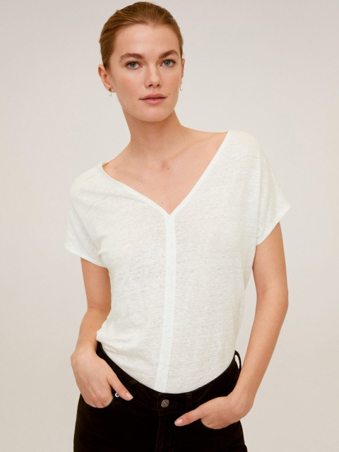 

MANGO Women White Linen Solid Top