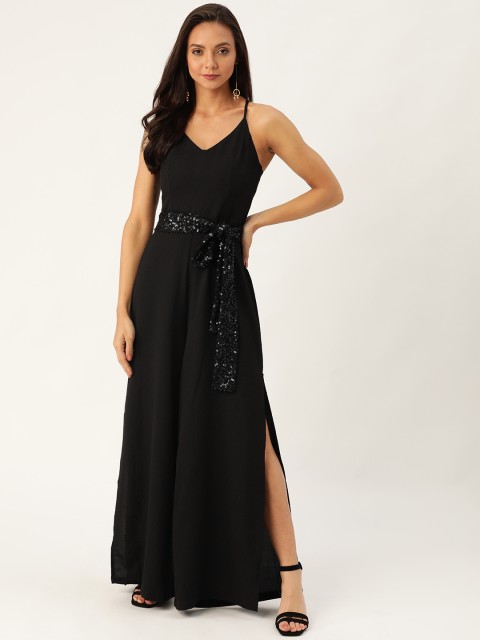 

20Dresses Women Black Solid Styled Back Basic Jumpsuit with Sequinned Belt