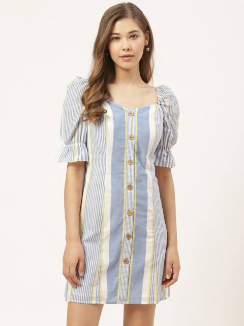 

20Dresses Women White & Blue Puff Sleeved Striped A-Line Dress