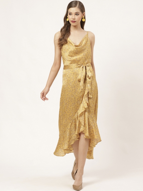

20Dresses Women Mustard & Lavender Satin Finish Floral Print Asymmetric A-Line Dress