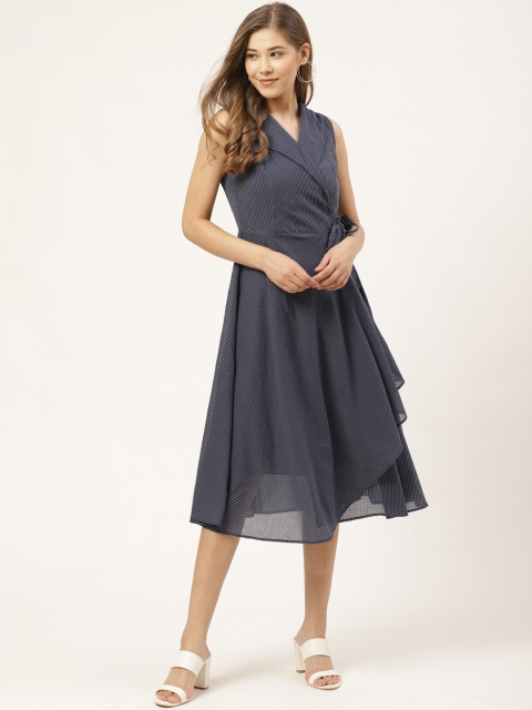 

20Dresses Women Navy Blue & White Lapel Styled Neck Striped Wrap Dress