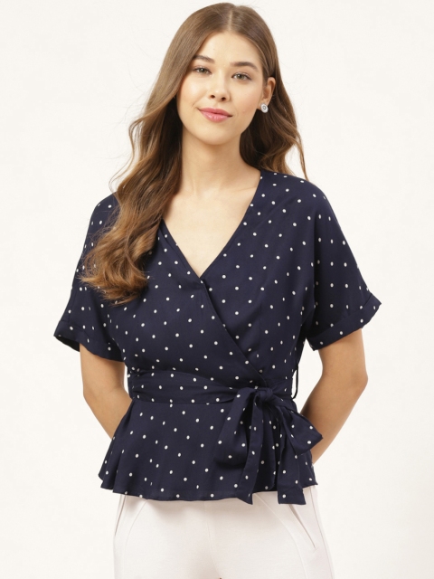 

20Dresses Women Navy Blue & White Polka Dots Print Wrap Top