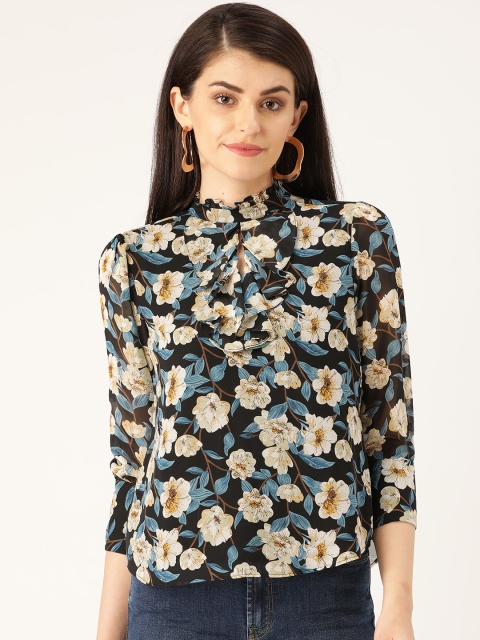 

20Dresses Women Black & Green Ruffled Floral Printed Top