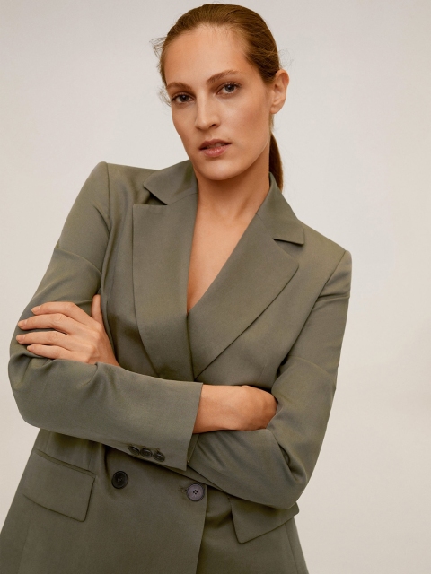 

MANGO Women Olive Green Solid Double-Breasted Formal Sustainable Blazer