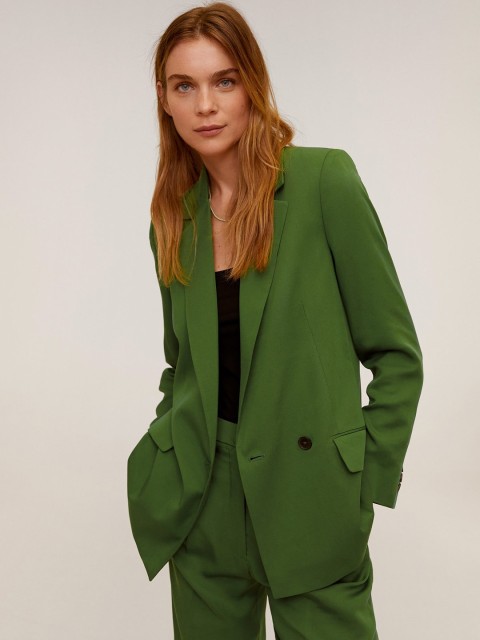 

MANGO Women Olive Green Solid Double-Breasted Sustainable Blazer