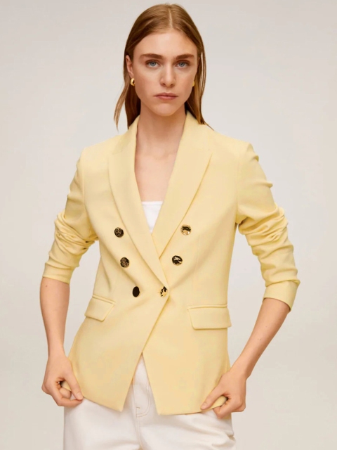 

MANGO Women Cream-Coloured Solid Double-Breasted Casual Blazer