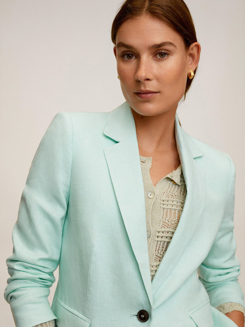 

MANGO Women Blue Linen Solid Single-Breasted Smart Casual Blazer