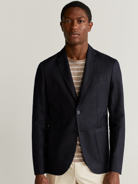 

MANGO MAN Men Navy Blue Solid Linen Single-Breasted Slim Fit Casual Blazer