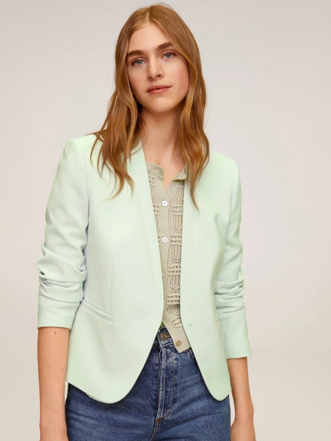 

MANGO Women Sea Green Solid Single-Breasted Casual Blazer