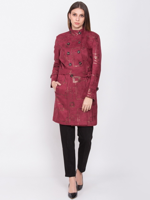 

ZOELLA Women Maroon & Brown Printed Double-Breasted Trench Coat