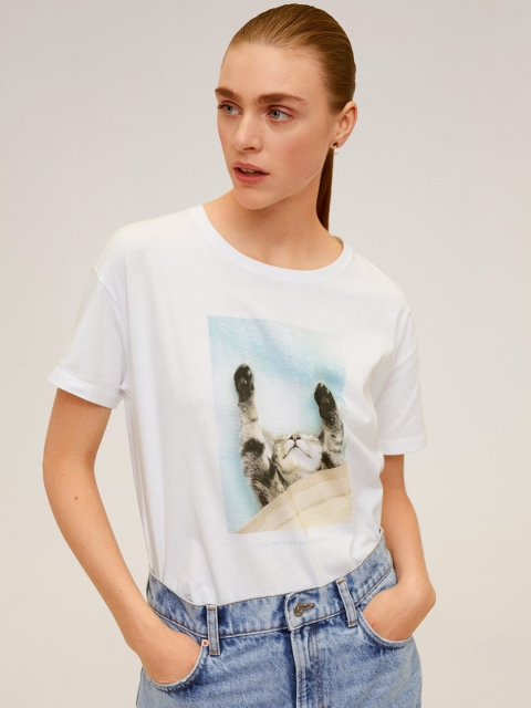

MANGO Women White Printed Round Neck Pure Cotton T-shirt