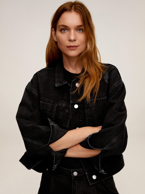 

MANGO Women Black Washed Distressed Denim Sustainable Jacket