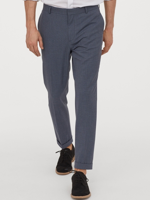 

H&M Men Navy Blue Skinny Fit Checked Regular Trousers