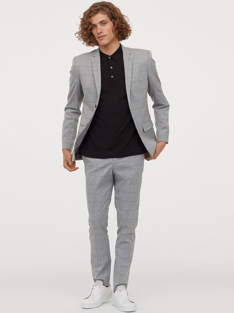 

H&M Men Grey & Black Slim Fit Checked Regular Trousers