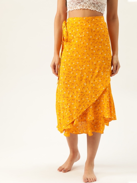 

MANGO Women Yellow & Off-White Floral Print Wrap Sarong Skirt
