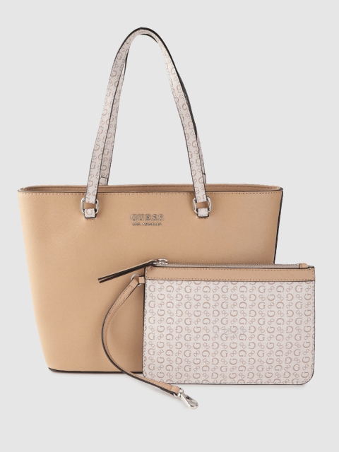 

GUESS Beige & Off-White Solid Shoulder Bag with Printed Pouch
