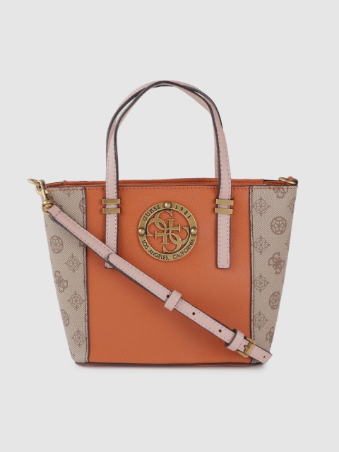 

GUESS Orange & Beige Printed Detail Handheld Bag