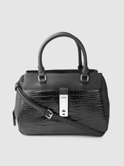 

GUESS Black Croc Textured Handheld Bag