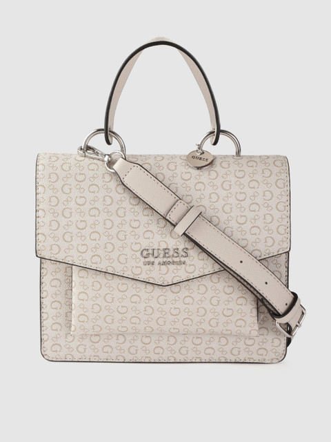 

GUESS Off-White & Beige Printed Satchel Bag