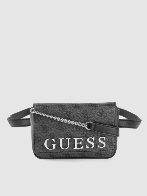 

GUESS Women Charcoal Grey & Black Brand Logo Print Sling Bag Cum Fanny Pack