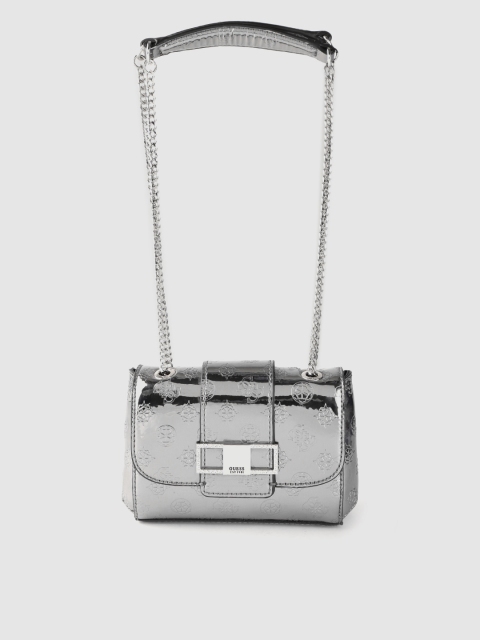 

GUESS Gunmetal-Toned Brand Logo Textured Small Shoulder Bag, Metallic