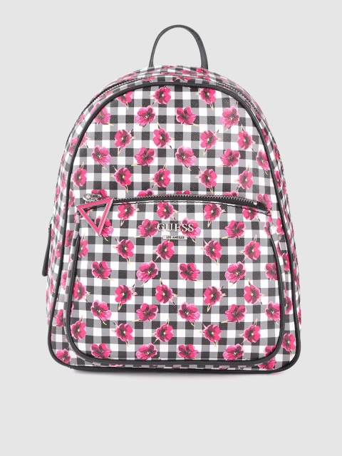 

GUESS Women Black & Pink Floral Print Checked Backpack