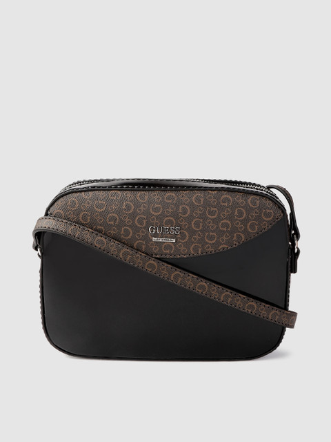 

GUESS Black & Brown Solid Sling Bag with Printed Detail