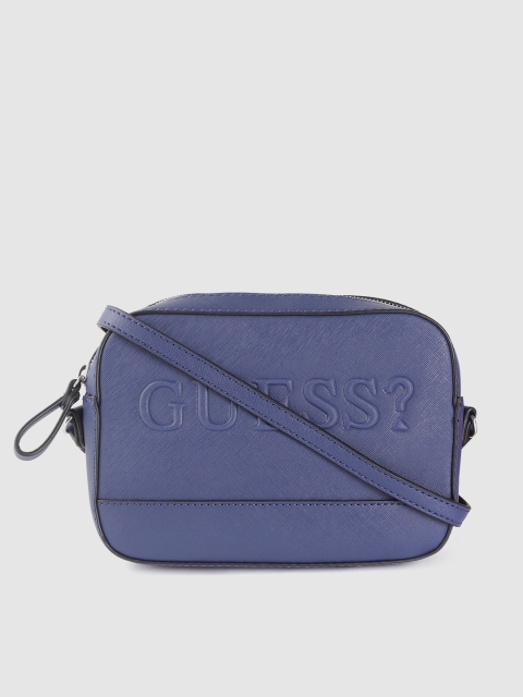 

GUESS Blue Brand Logo Embossed Saffiano Structured Sling Bag