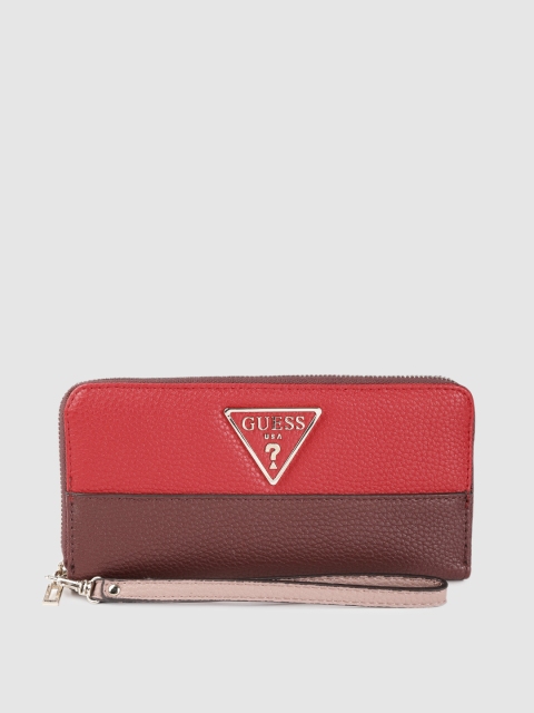 

GUESS Women Red & Burgundy Colourblocked Zip Around Wallet With Wrist Loop