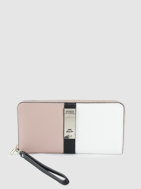

GUESS Women Peach-Coloured & White Colourblocked Zip Around Wallet With Wrist Loop