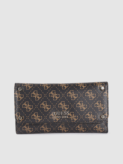 

GUESS Women Coffee Brown & Beige Brand Logo Print Three Fold Wallet