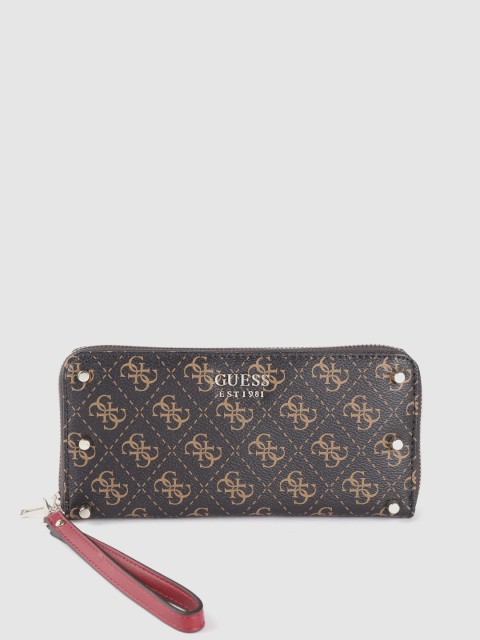 

GUESS Women Coffee Brown & Beige Brand Logo Print Zip Around Wallet