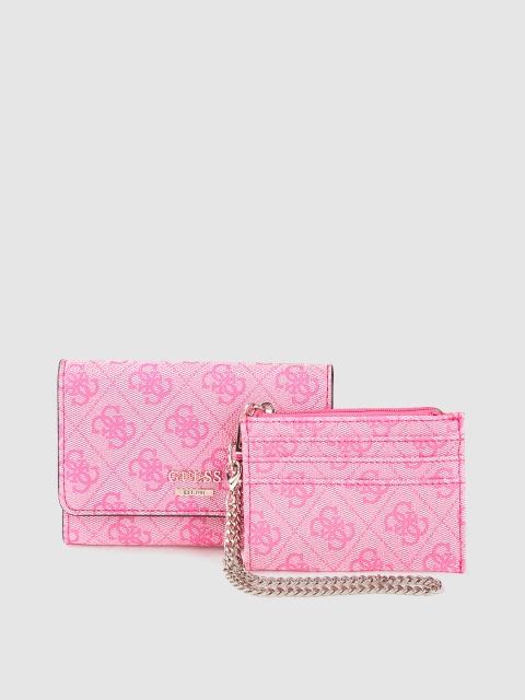 

GUESS Women Pink Brand Logo Print Two Fold Wallet with Detachable Card Holder