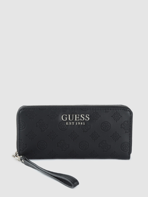 

GUESS Women Black Brand Logo Textured Zip Around Wallet With Wrist Loop