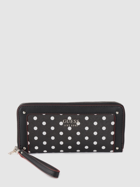 

GUESS Women Black & White Polka Dot Print Zip Around Wallet with Wrist Loop