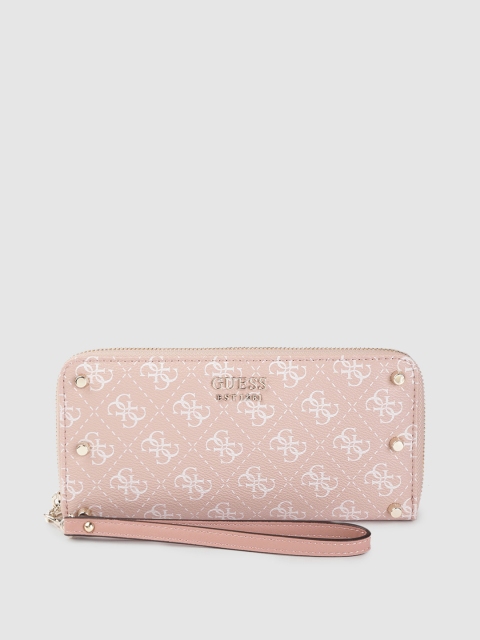 

GUESS Women Peach-Coloured & White Brand Logo Print Zip Around Wallet