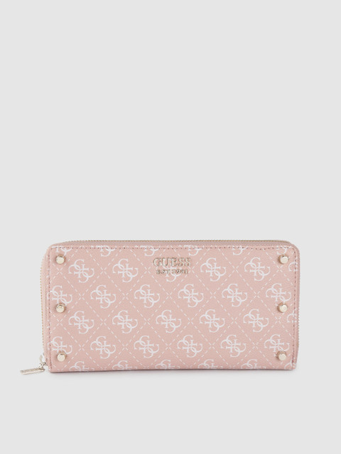 

GUESS Women Dusty Pink & White Brand Logo Print Zip Around Wallet