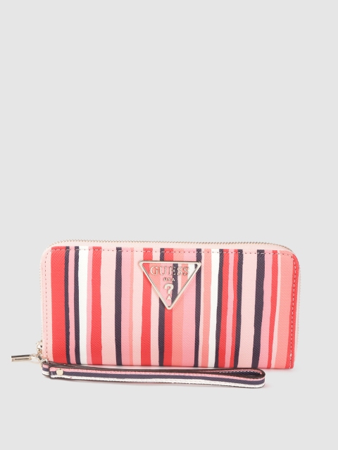 

GUESS Women Pink & Navy Blue Striped Zip Around Wallet With Wrist Loop