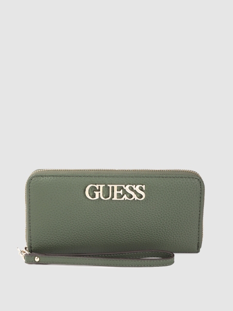 

GUESS Women Olive Green Solid Zip Around Wallet With Wrist Loop