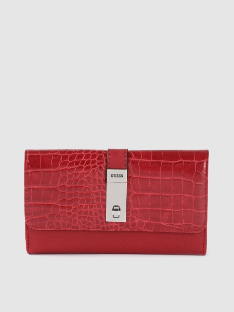 

GUESS Women Red Croc Textured Three Fold Wallet