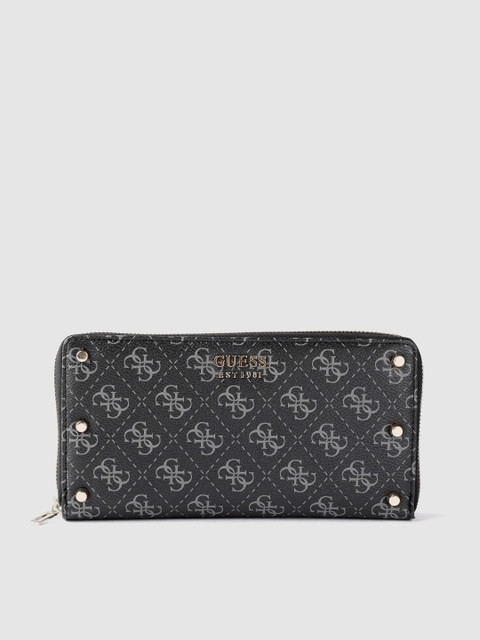 

GUESS Women Black & Grey Brand Logo Print Zip Around Wallet