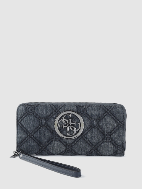 

GUESS Women Navy Blue Brand Logo Self Design Denim Zip Around Wallet