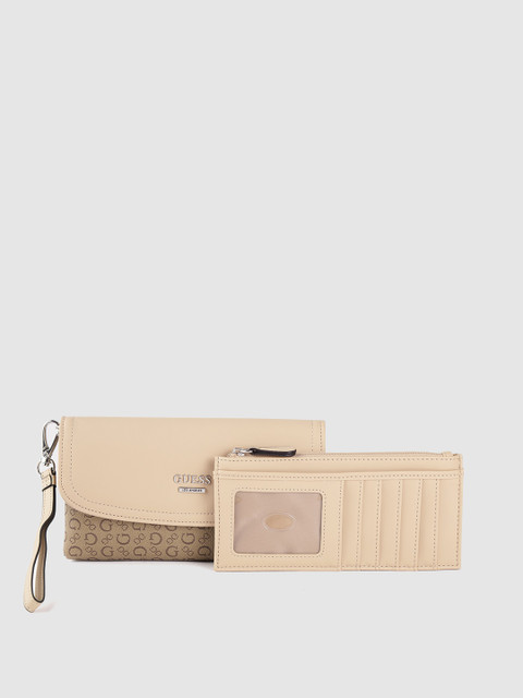 

GUESS Women Brown & Beige Printed Envelope Wallet with Wrist Loop