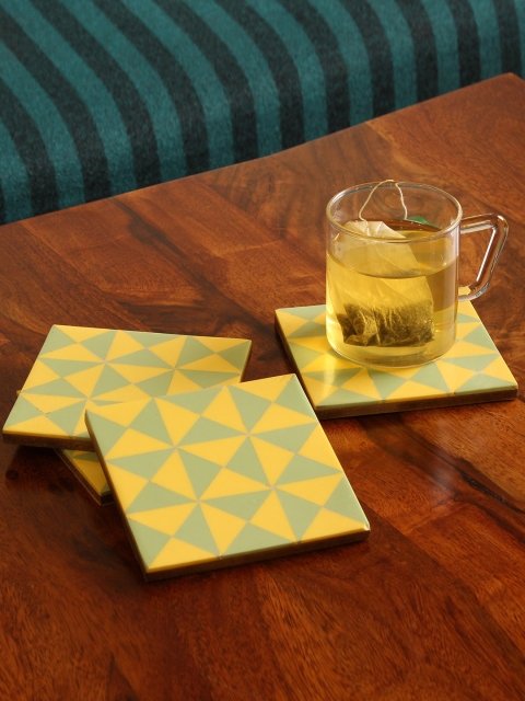 

RangRoots Set Of 4 Yellow & Green Printed Pastel Triangles Coasters