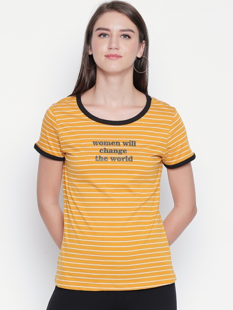 

Honey by Pantaloons Women Mustard Striped Round Neck T-shirt