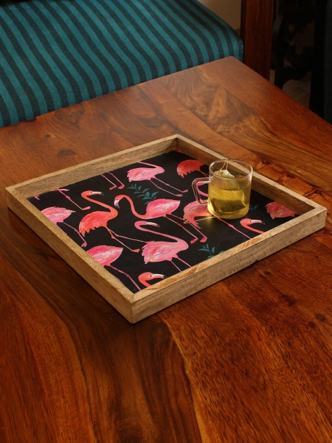 

RangRoots Brown Mango Wood & Engineered Wood Flamingo Printed Decorative Tray