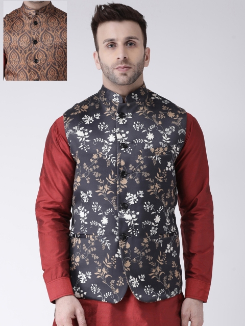 

Hangup Men Black & Brown Printed Reversible Woven Nehru Jacket