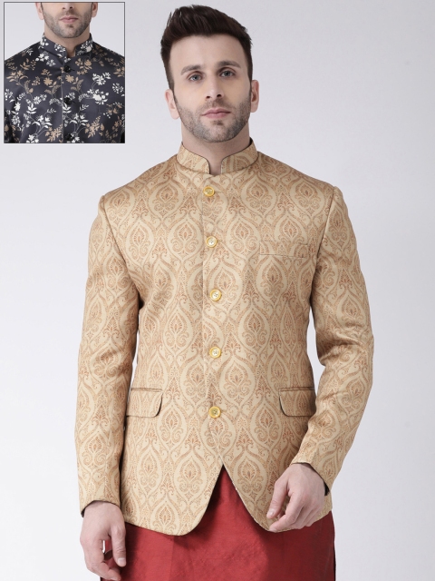 

Hangup Men Beige & Black Printed Regular-Fit Reversible Bandhgala Blazer