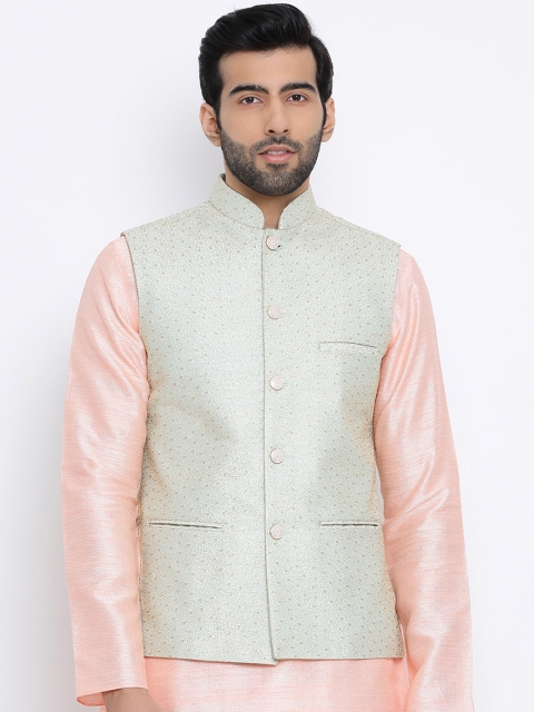 

NAMASKAR Men Green & Gold-Coloured Embellished Woven Nehru Jacket